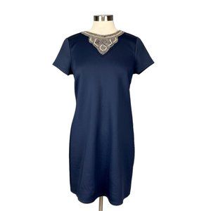 Spense Womens Petite Blue Beaded Dress Short Sleeve Silver Collar size 12P